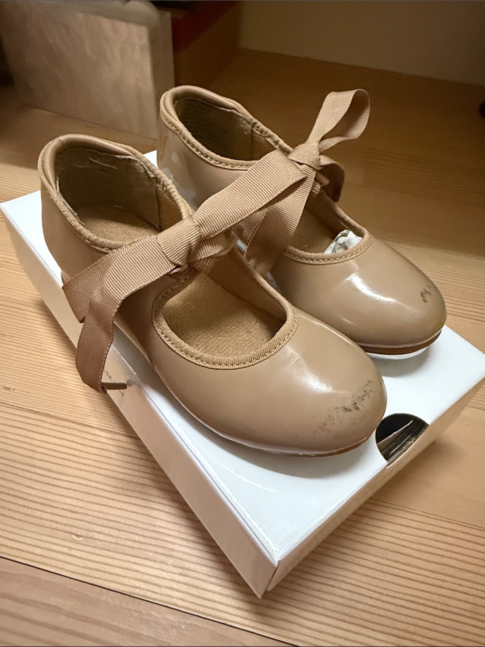 Weissman Tan Patent Mary Jane Shoes with Grosgrain Bow